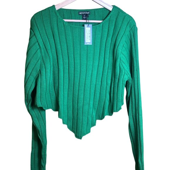 NWT~Pretty Little Thing  Sz XL Cropped Cable Knit Dip Hem Sweater KELLY GREEN - Picture 1 of 16